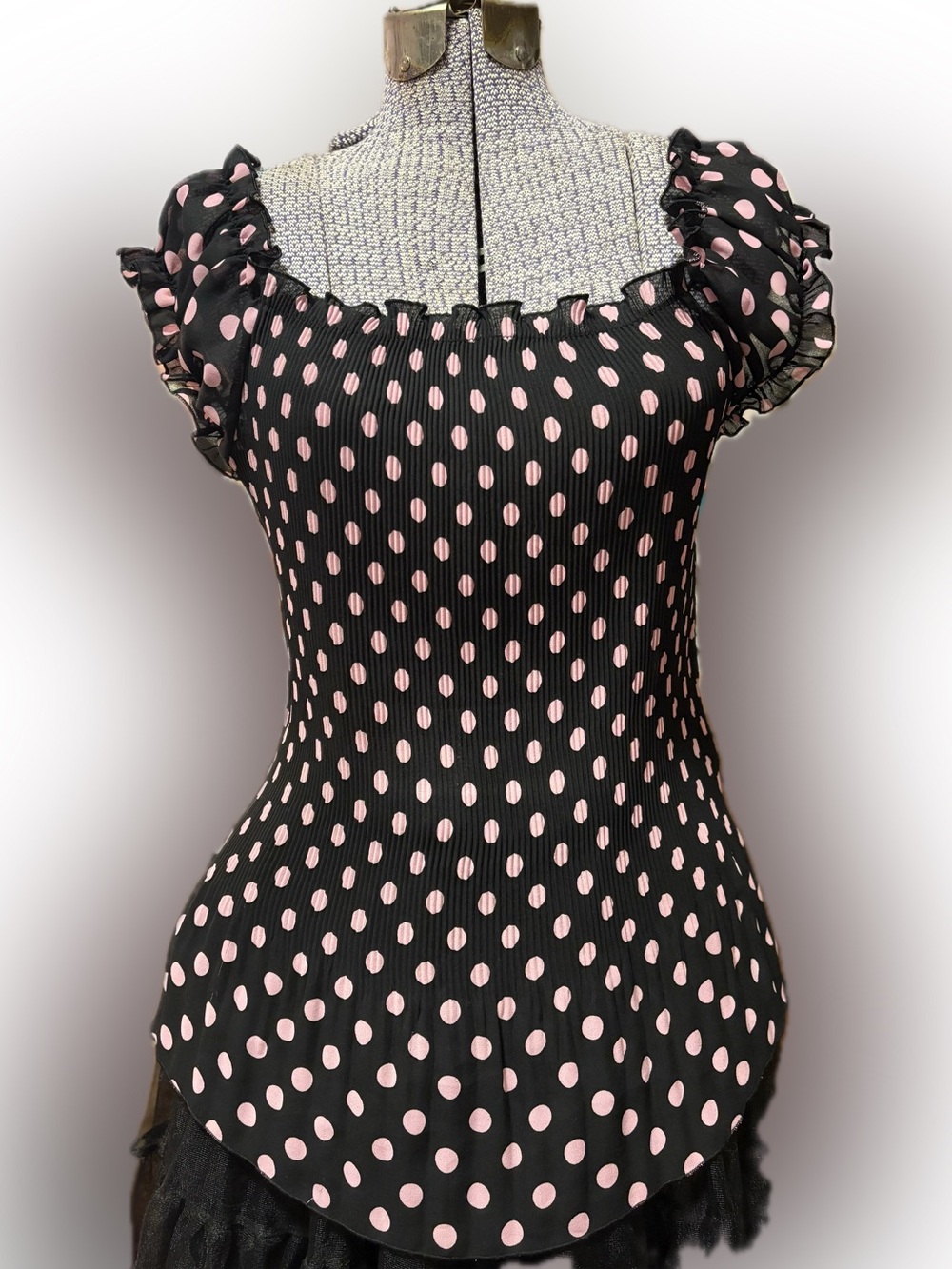 Black & Pink Polka Dot Pleated Ruffle Sleeve Top